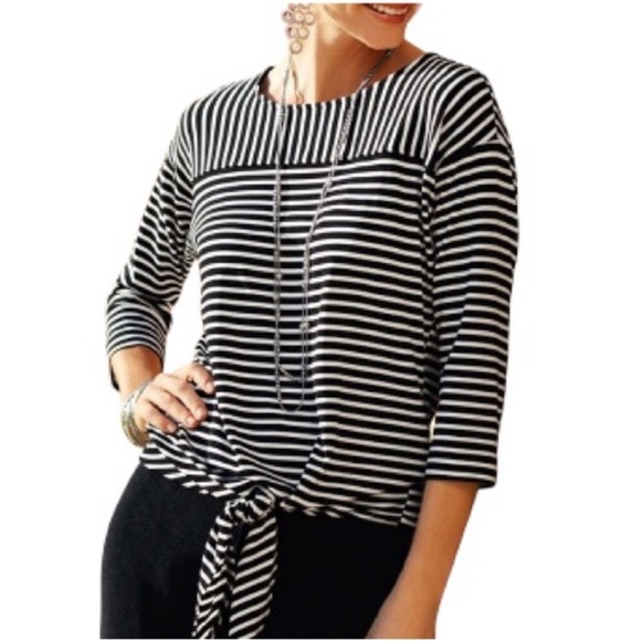 Chico's Tops - Chico’s Travelers Made in Usa Black & White Stripe Tie-Front 3/4 Sleeve Top 3 L